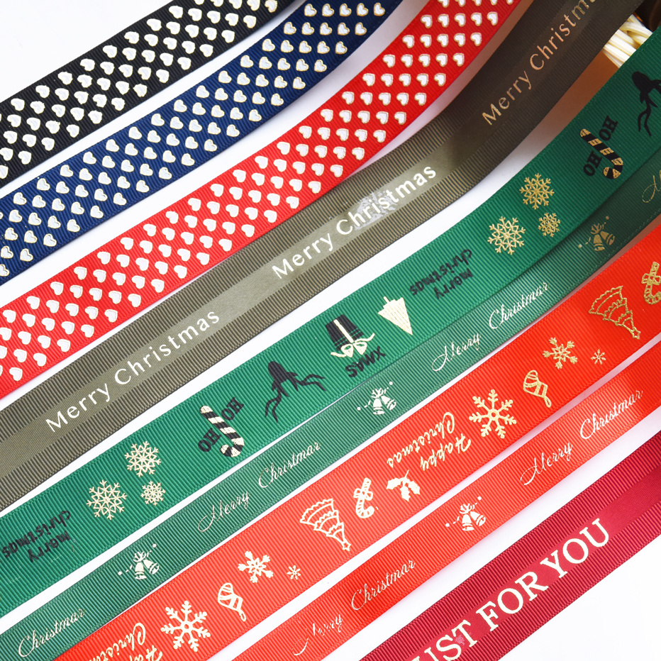 China customized 1-150cm Gold Foil Printed Red Christmas Decorative Grosgrain ribbon for decoration