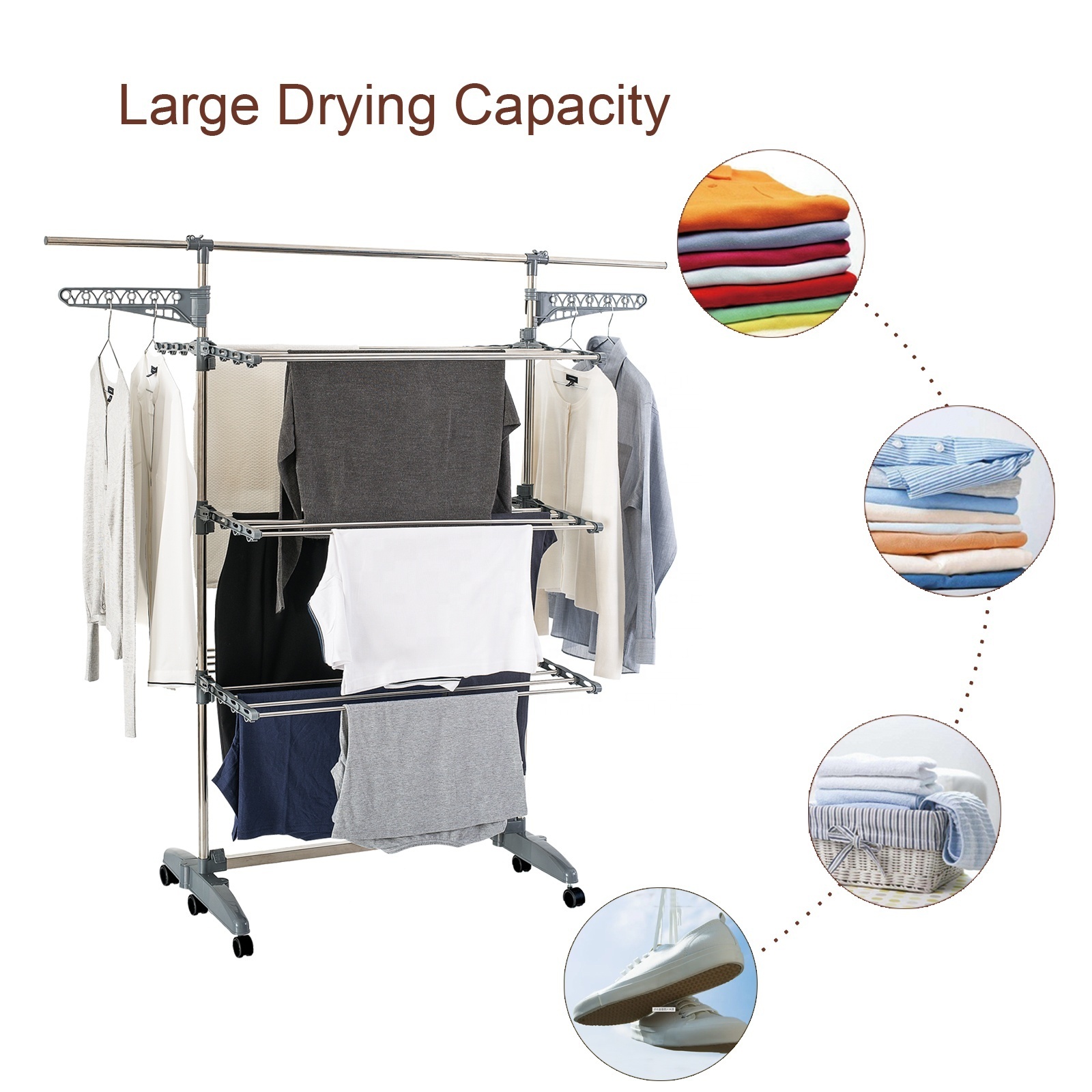 3 Layers Clothes Dryer Rack Stainless Steel Adjustable Cloth Dryer Rack Indoor, Folding Laundry Dryer Hanger