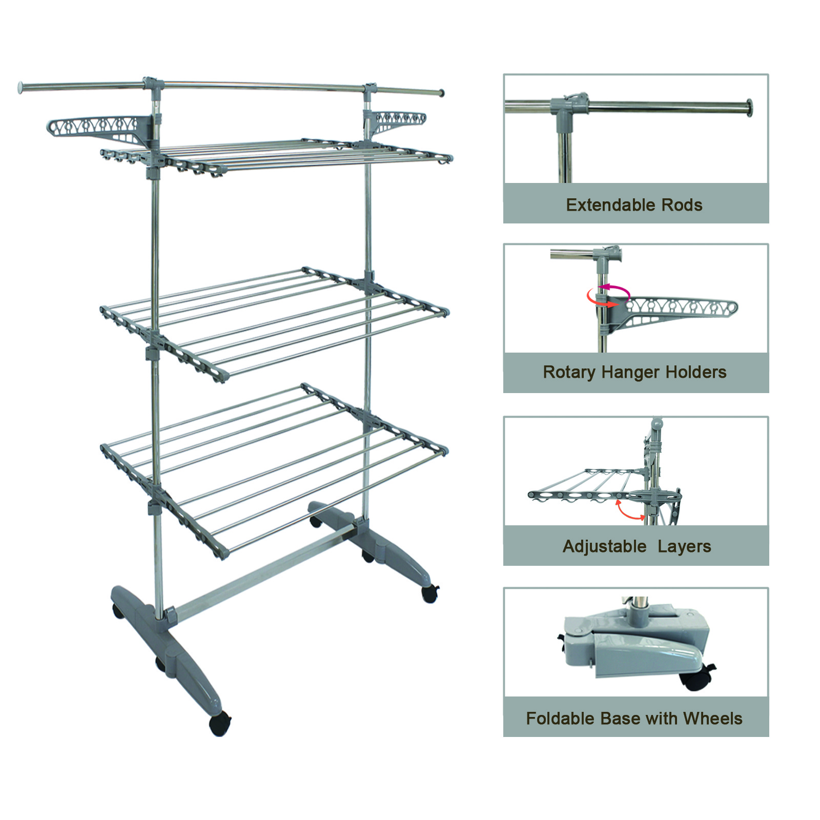 3 Layers Clothes Dryer Rack Stainless Steel Adjustable Cloth Dryer Rack Indoor, Folding Laundry Dryer Hanger