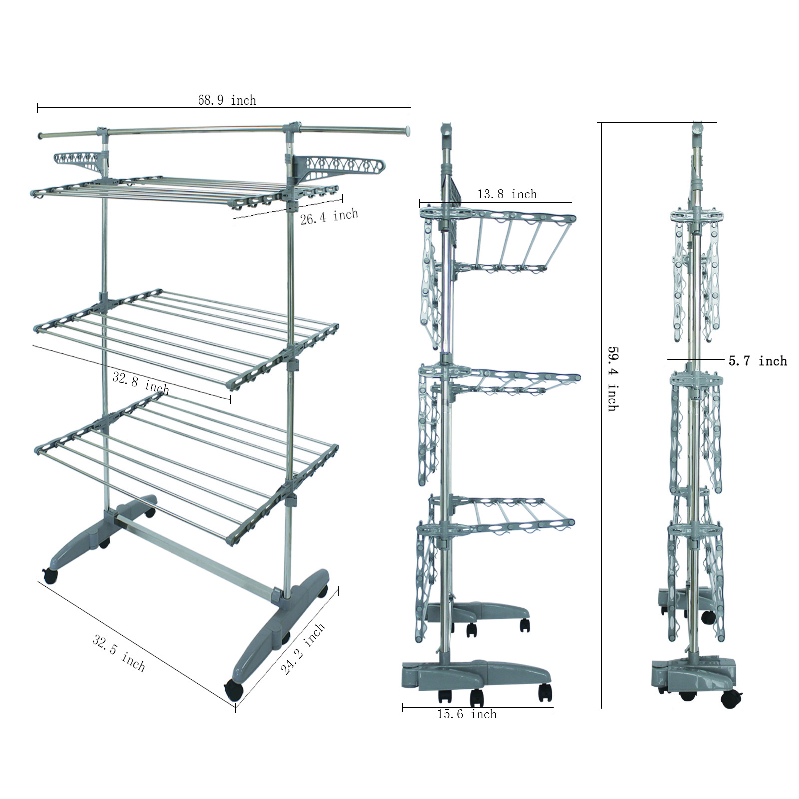 3 Layers Clothes Dryer Rack Stainless Steel Adjustable Cloth Dryer Rack Indoor, Folding Laundry Dryer Hanger