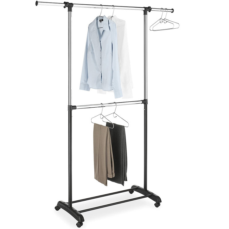 Garment Drying Rack with Wheels, Single-Rod Black Clothes Dryer Rack and Width Rolling Metal Clothes Rack