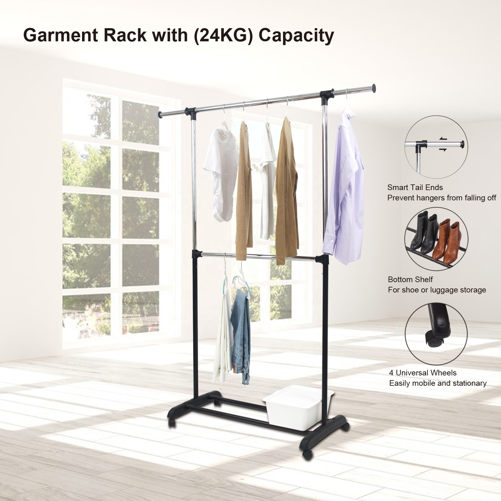 Adjustable height Extensible Stainless steel organizer  Rod Portable Clothing Hanging Garment Rack with commodity shelf