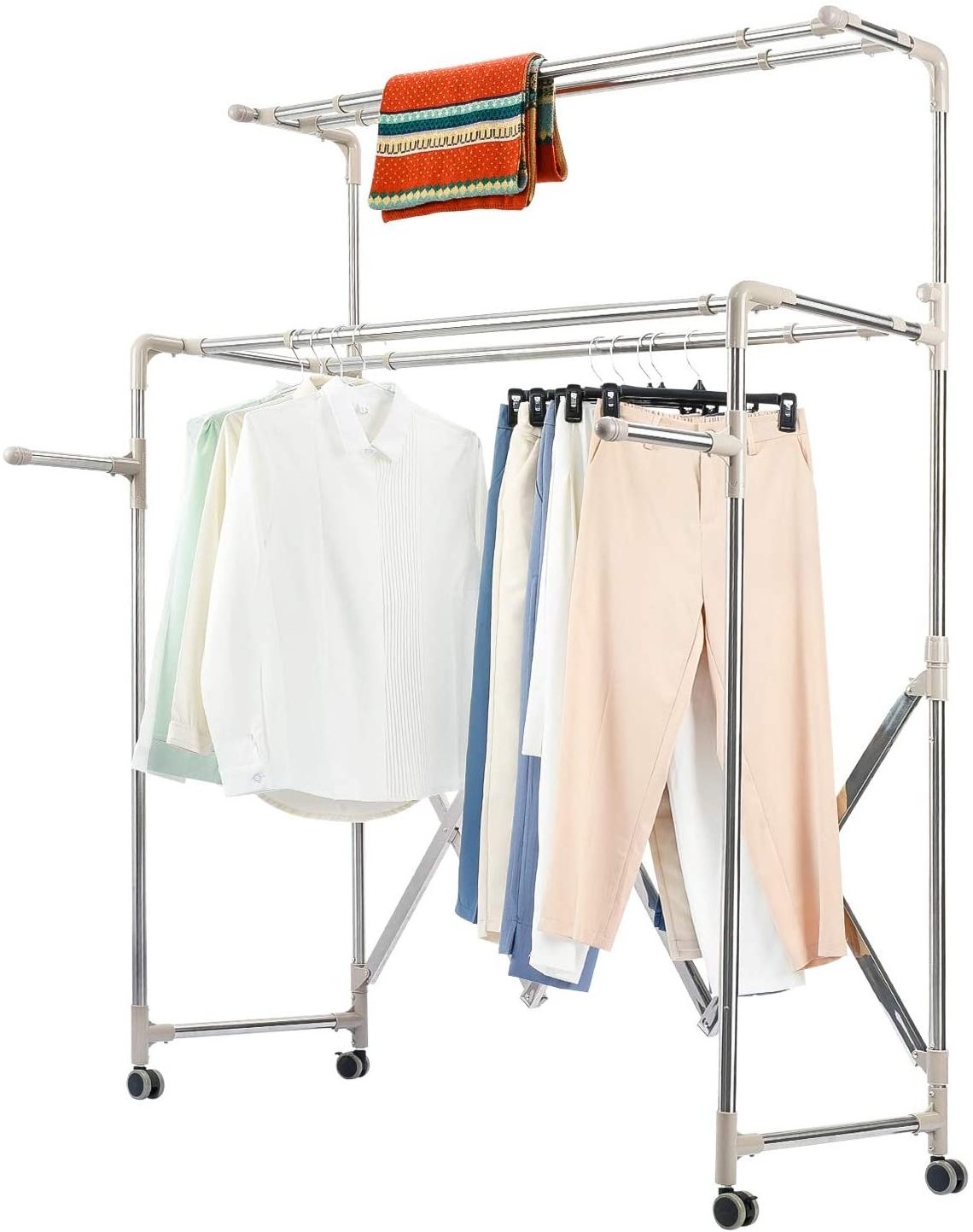 Stainless Steel Clothes Drying Rack with 4 extendable hanging rods, Rolling Collapsible Garment Rack ,Clothes Hanger