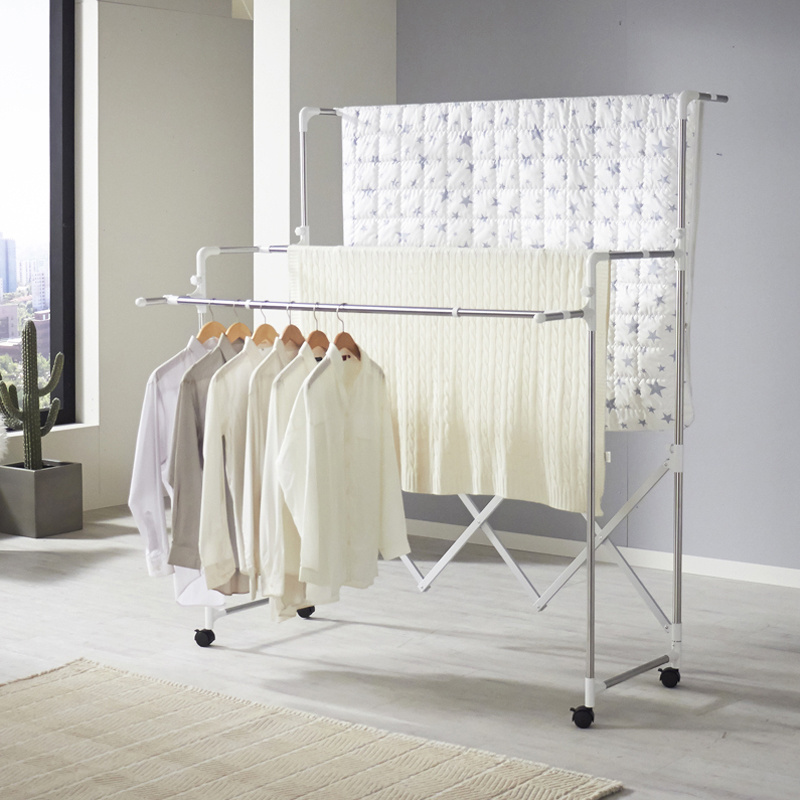 Stainless Steel Clothes Drying Rack with 4 extendable hanging rods, Rolling Collapsible Garment Rack ,Clothes Hanger