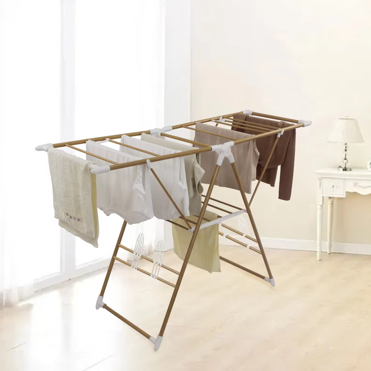 Fashion Wood Color Clothes Airer with Wings Foldable Holders Laundry Drying Rack Washing Line Dry Rail Rack