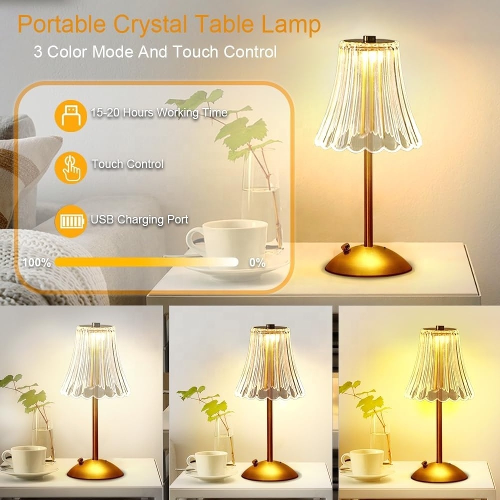 Crystal LED Table Lamp, 3-Levels Brightness Desk Lamp, 3 Color Touch Control Rechargeable Lamp, Night Light, Bedside Dining Lamp