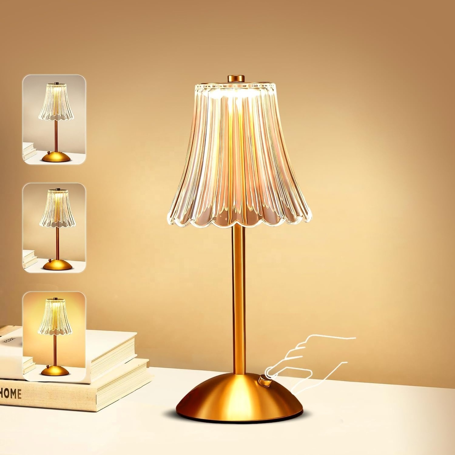 Crystal LED Table Lamp, 3-Levels Brightness Desk Lamp, 3 Color Touch Control Rechargeable Lamp, Night Light, Bedside Dining Lamp