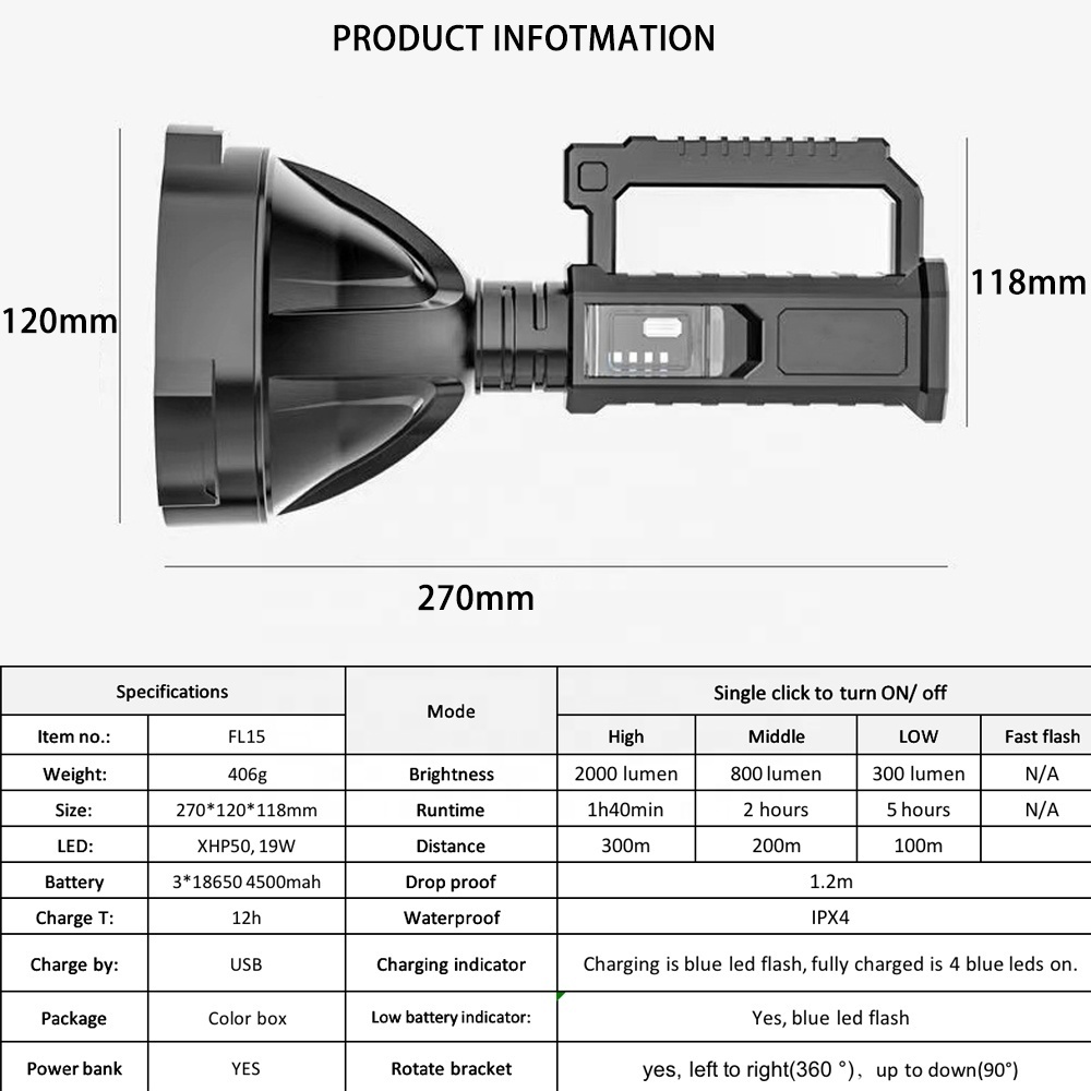 powerful USB rechargeable tactical battery led brightest flashlight with power bank function light