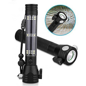 Car Flashlight Solar Power Tactical Flashlight Multi Function LED Emergency Torch Light with Safety Hammer ,Cutter , Compass