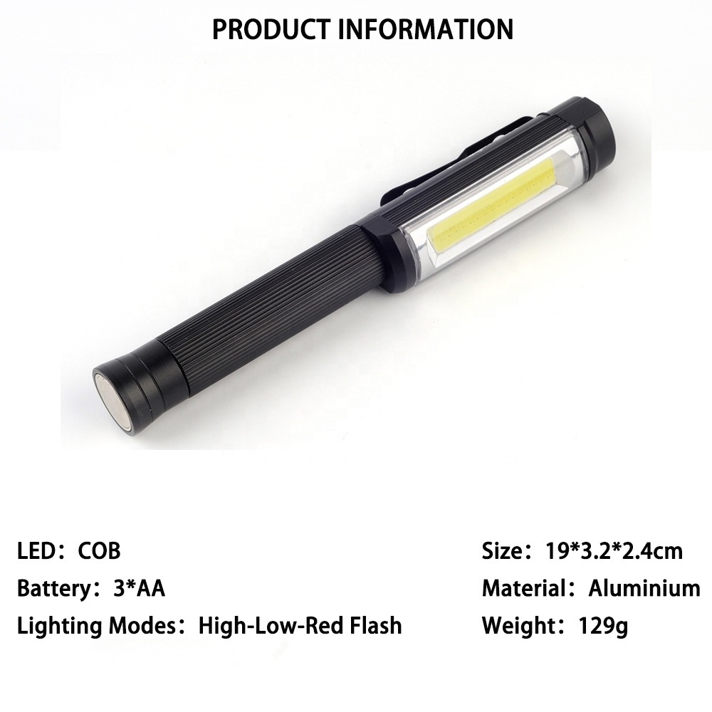 COB LED Pocket Work Light Flashlight with Magnet Base Steel Clip and Aluminum Body Car Emergency Pen Flood Beam Flash Light