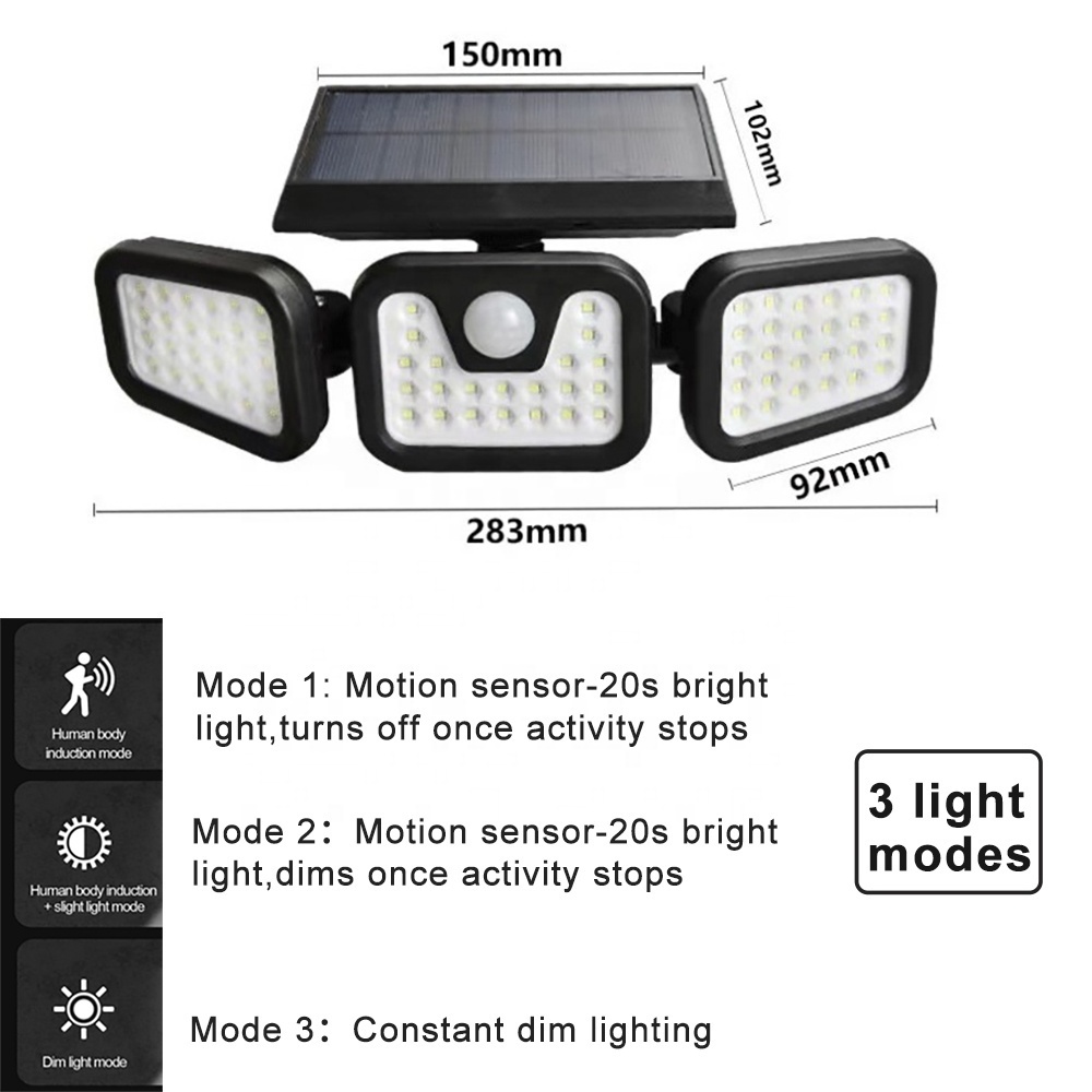 600 Lumen 74 LED 3 Heads Solar Motion Sensor Security Light Powerful Outdoor Wall Spotlight