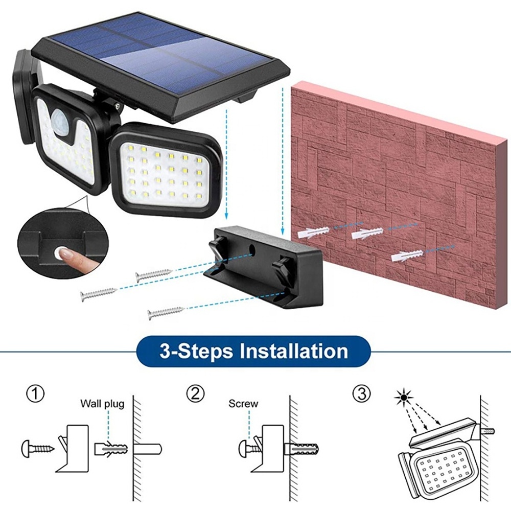 600 Lumen 74 LED 3 Heads Solar Motion Sensor Security Light Powerful Outdoor Wall Spotlight