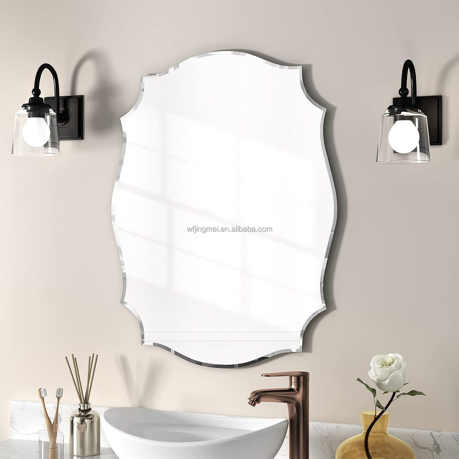 Scalloped Beveled Edge Polished Frameless Wall Mirror for Bathroom, Living Room, Vanity, Bedroom, Sliver Mirror