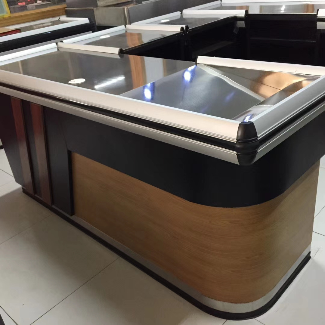 Multi Functional Corner Cashier  Desk  Counter Table Stainless Surface  Powder Coating Cash Register check out counter grocery