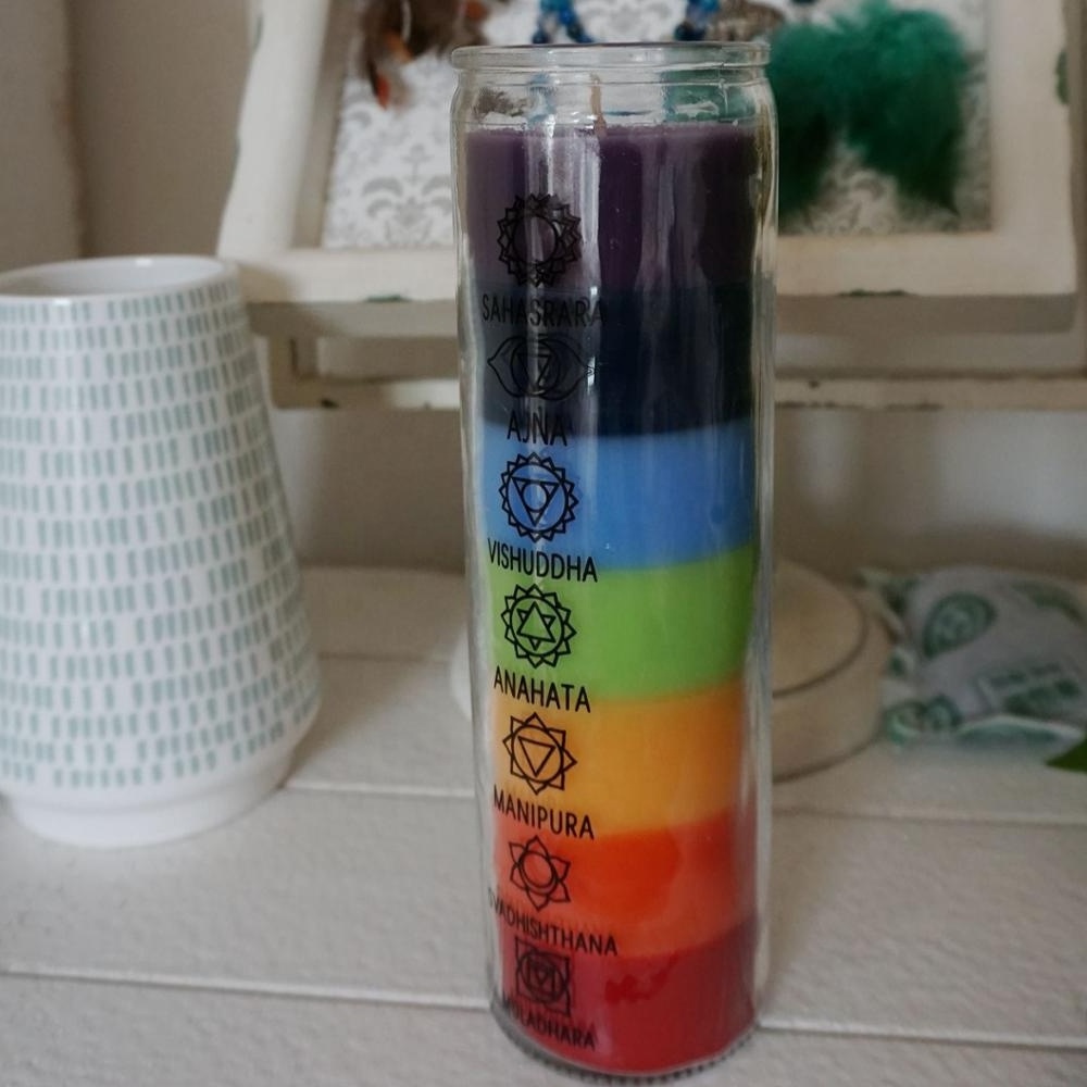 8 inches religious candle/multi color church candle in glass bottle wholesale/Chakra Candles For  DHYANA Yoga