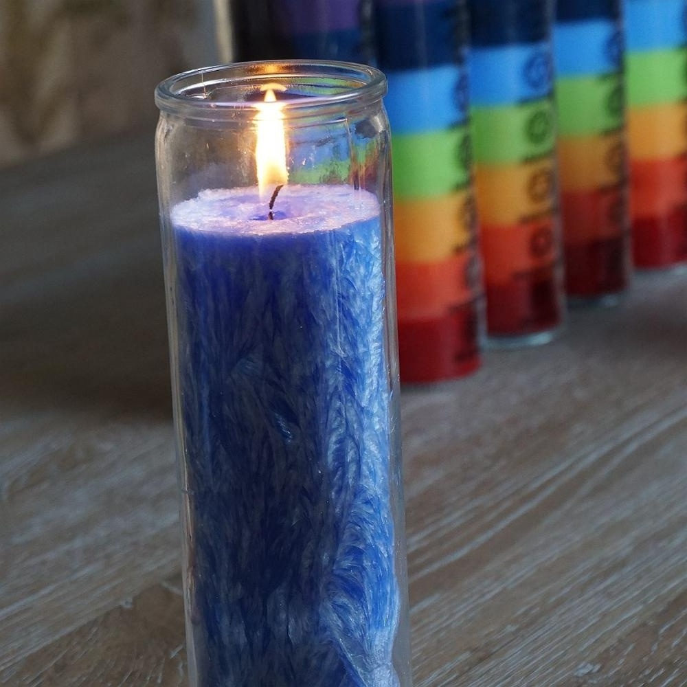 8 inches religious candle/multi color church candle in glass bottle wholesale/Chakra Candles For  DHYANA Yoga