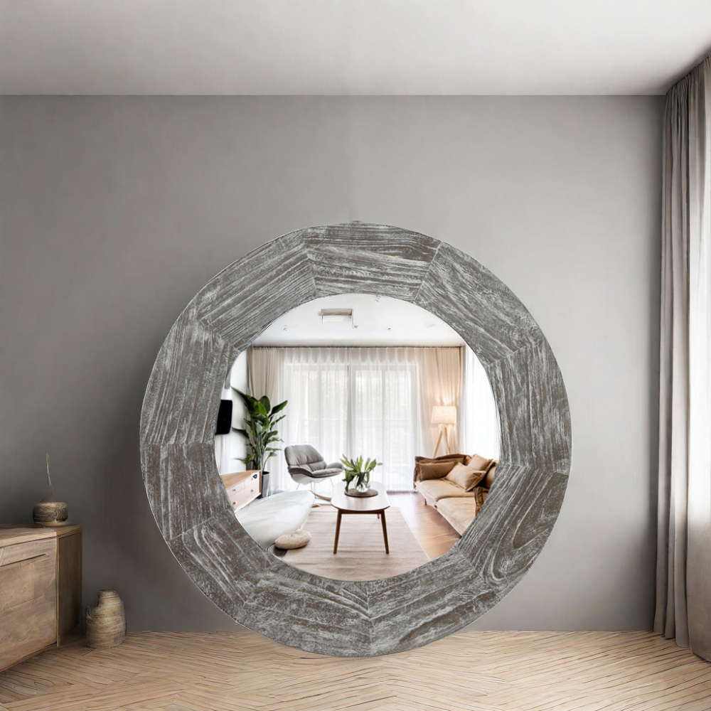 large antique round circle wooden framed big full body dressing wall hanging mirror for bedroom living room spiegel espejo