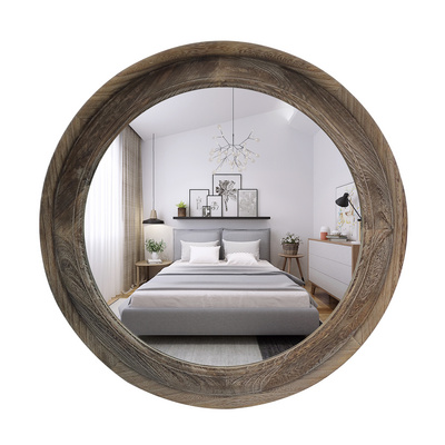 factory custom vintage large circle wooden framed full body round hanging mirror wall spiegel for bedroom living room decor