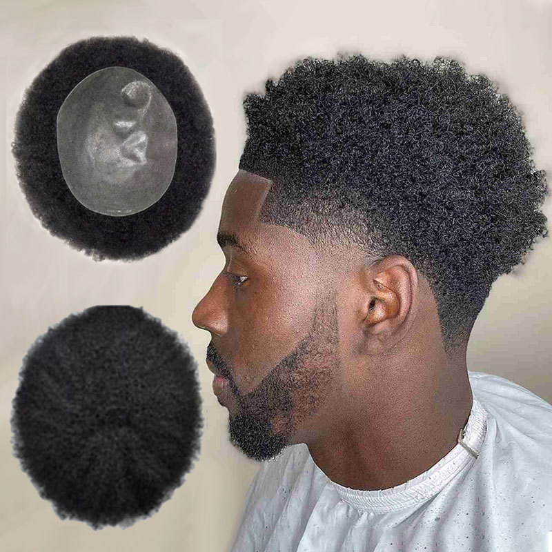 Wholesale Indian Human Hair Nature Black 4mm 8mm Afro Curly Men's Wig Full Pu Base Hair Piece Toupee For Bald Male Black Men