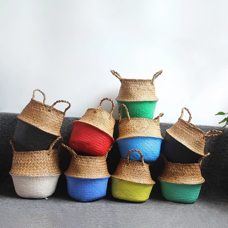 14 Colors Foldable Handmade Storage Basket Wicker Rattan Seagrass Straw Flower Pot Laundry Basket