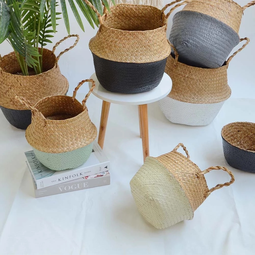 14 Colors Foldable Handmade Storage Basket Wicker Rattan Seagrass Straw Flower Pot Laundry Basket