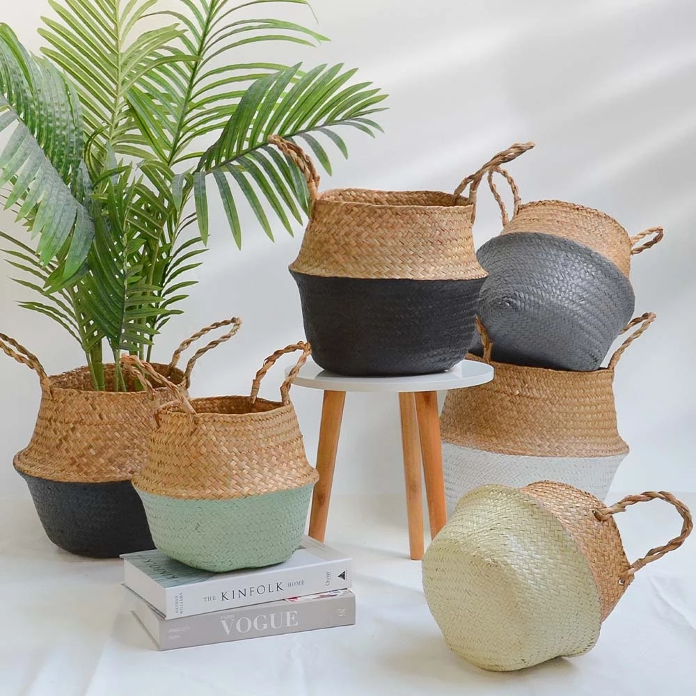 14 Colors Foldable Handmade Storage Basket Wicker Rattan Seagrass Straw Flower Pot Laundry Basket