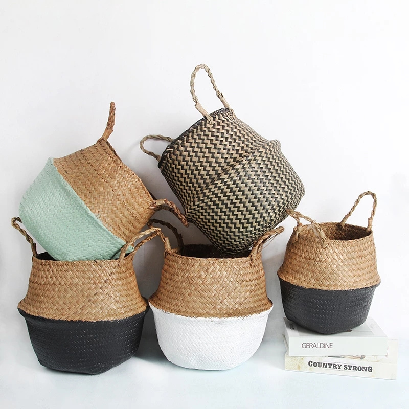 14 Colors Foldable Handmade Storage Basket Wicker Rattan Seagrass Straw Flower Pot Laundry Basket