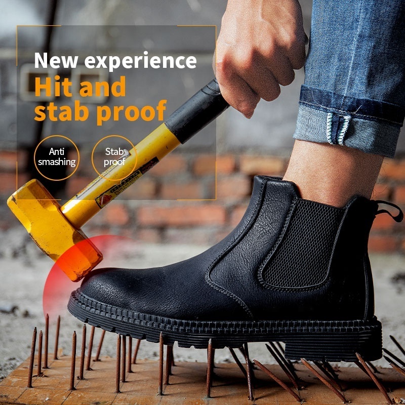 Fashion Black Anti Slip Waterproof Leather Steel Toe Safety Shoes for Men Heavy Industry