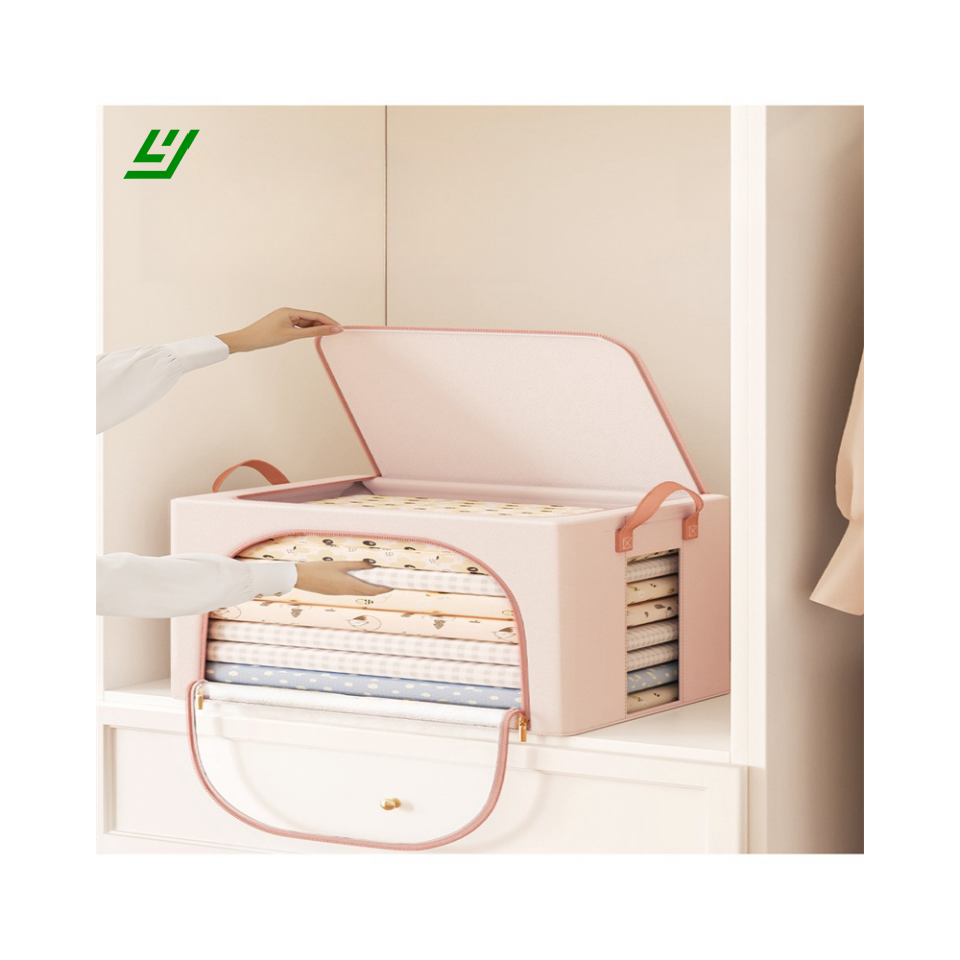 New hot selling large capacity foldable cotton linen storage box with zipper toy blanket storage box with steel frame finishing