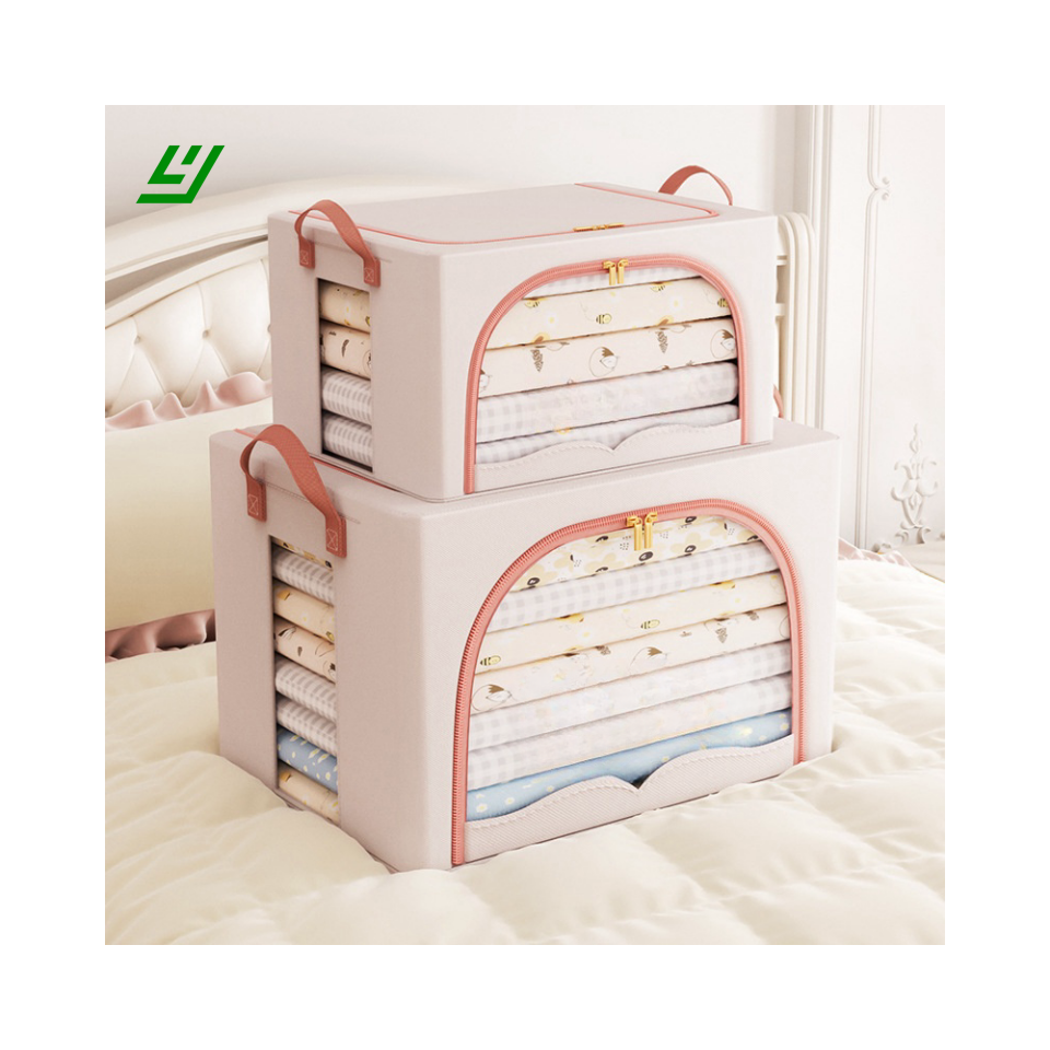 New hot selling large capacity foldable cotton linen storage box with zipper toy blanket storage box with steel frame finishing