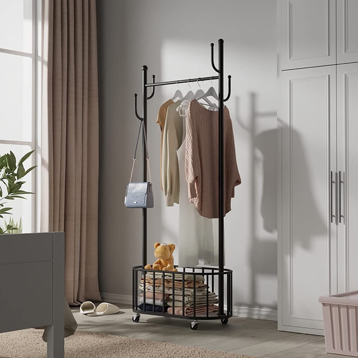 Vertical Clothes Hanger Rack Standing Hangers Nordic gold fashion clothes rack and hanger  Light Luxury Corner Movable Coat Rack