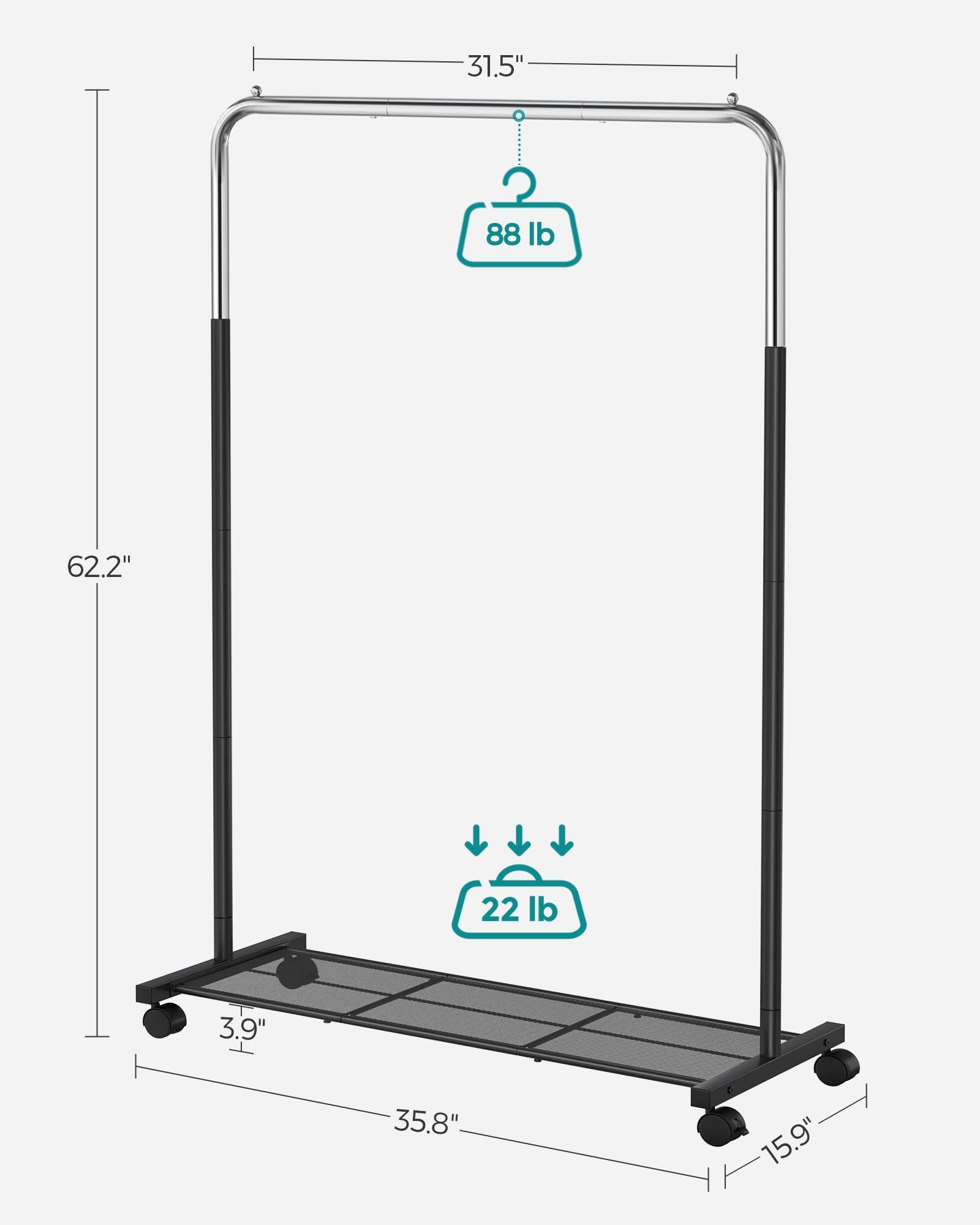 Garment Rack with Wheels Coat Hanger Clothes Rack with Dense Mesh Storage Shelf