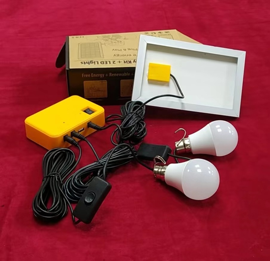 Portable Mini Solar Lighting Kit with 2 LED Bulbs Small Home Energy System with DC Lamp Charging USB Port