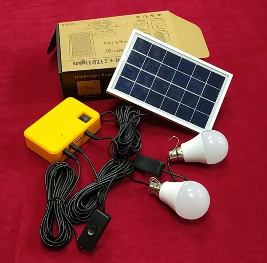 Portable Mini Solar Lighting Kit with 2 LED Bulbs Small Home Energy System with DC Lamp Charging USB Port