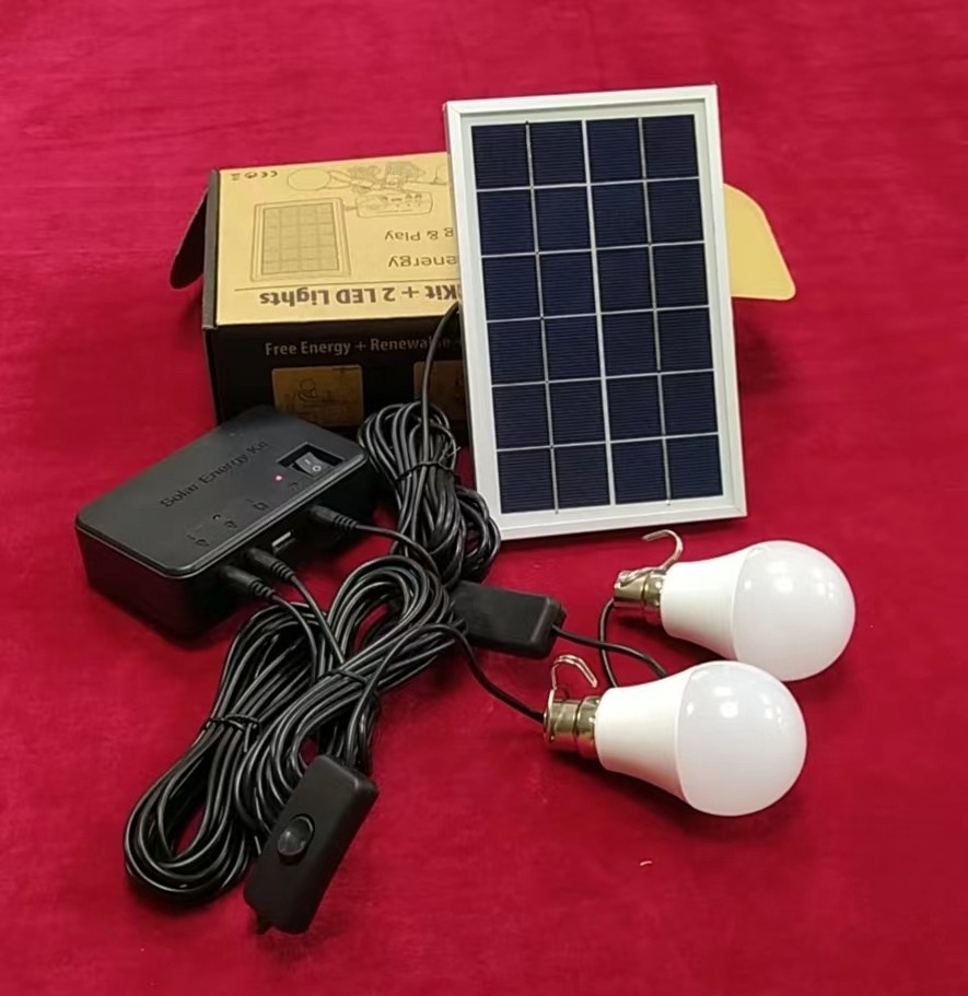 Portable Mini Solar Lighting Kit with 2 LED Bulbs Small Home Energy System with DC Lamp Charging USB Port