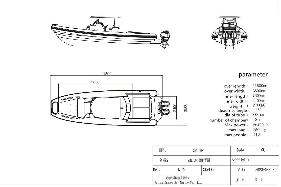 38ft Deep V Hull Hypalon RIB 1150 Luxury Yacht Aluminum CE Certified Inflatable Boats with Swimming Platform Outboard Engine