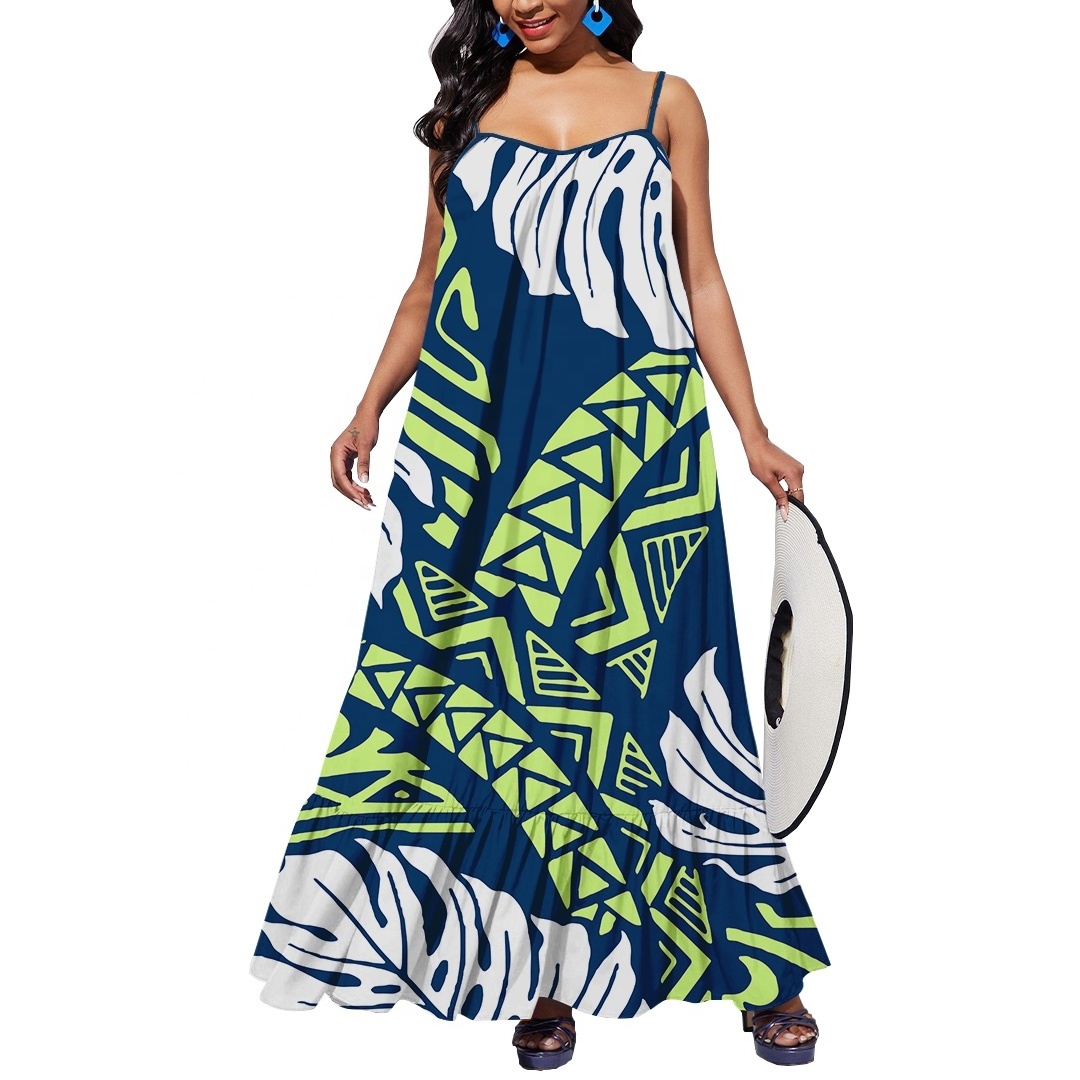 Top Quality Navy Blue Monstera Leaf Hawaii Casual Sling Dress Polynesian Tribal Design Sleeveless Dress For Party