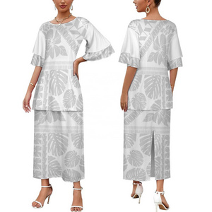 Short Sleeve Top And Slit Skirt Samoa Puletasi Vintage Two Piece Sexy Streetwear Dress Sets For Women Polynesian Clothing