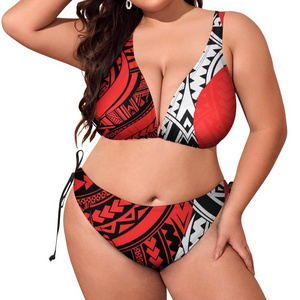 OEM custom swimwear wholesale fat women bikini polynesian design triangle bikini split beach wears mature women sexy swimsuit