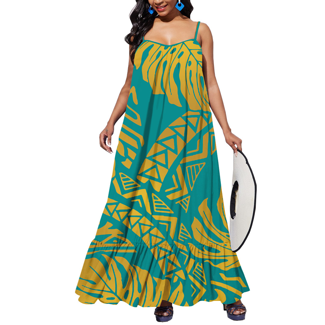 Top Quality Navy Blue Monstera Leaf Hawaii Casual Sling Dress Polynesian Tribal Design Sleeveless Dress For Party