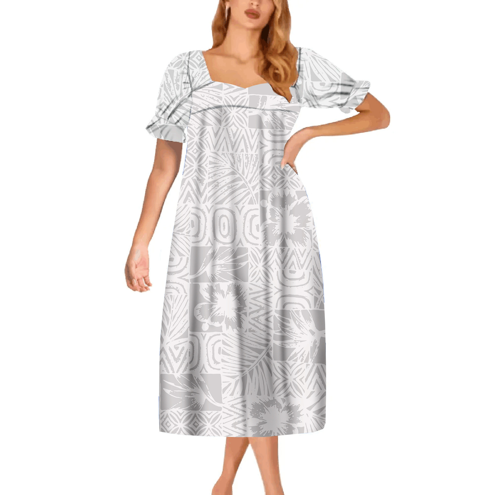 Latest Design Puff Sleeve Tapa Print Fashion Hawaii Custom Ladies Mumu Dress Polynesian Samoan Vintage White Island Prom Dress