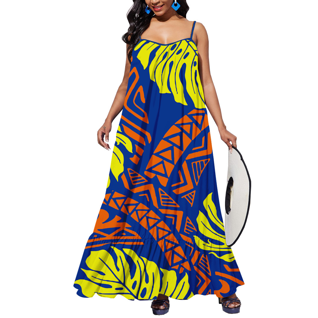 Top Quality Navy Blue Monstera Leaf Hawaii Casual Sling Dress Polynesian Tribal Design Sleeveless Dress For Party