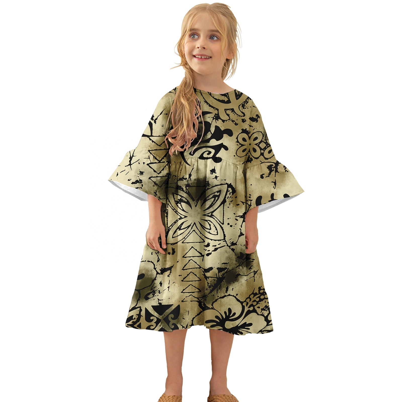 1 MOQ Drop Shipping Polynesian Elei Tribal Design Cheap Custom Kids Casual Dresses For Party Wedding Princess Children Clothing