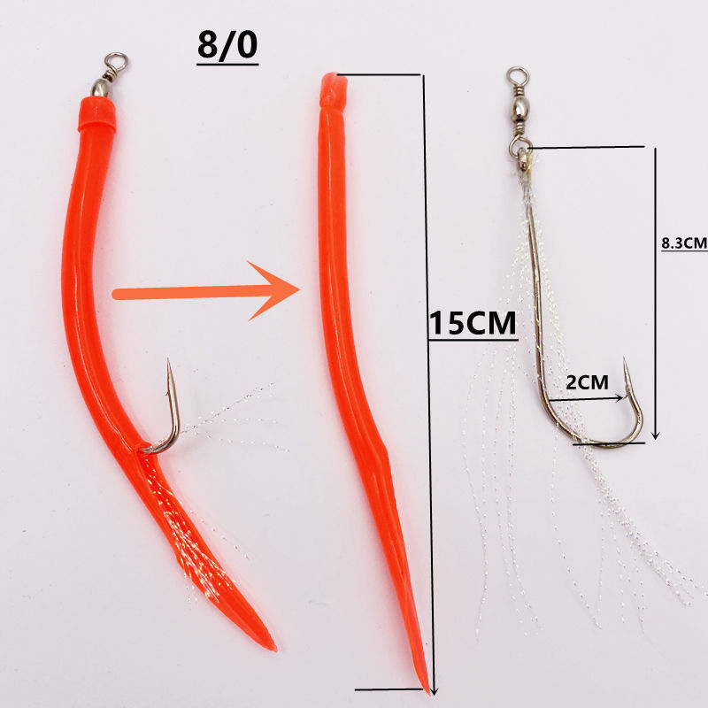 New 6/0 8/0 10/0 Luminous trolling fishing Eel jig hook with Rubber Tubing Eel tail hook for sea fishing shark rig