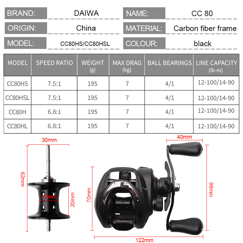 DAIWA CC80 Baitcasting Fishing Reels 80H/HL/HS/HSL 4+1BB Gear Ratio 7.5:1 Max Drag 7kg Baitcast Reel Fishing Metal Light Spool