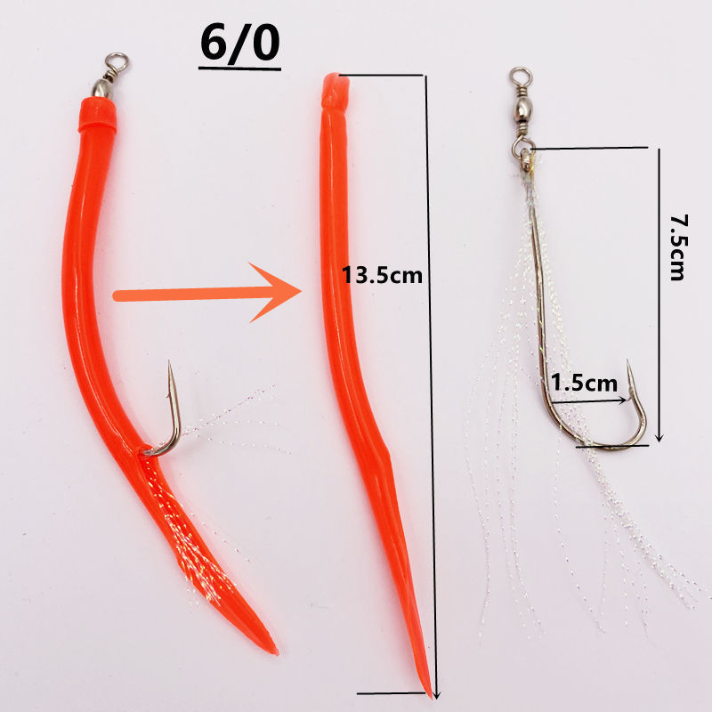 New 6/0 8/0 10/0 Luminous trolling fishing Eel jig hook with Rubber Tubing Eel tail hook for sea fishing shark rig