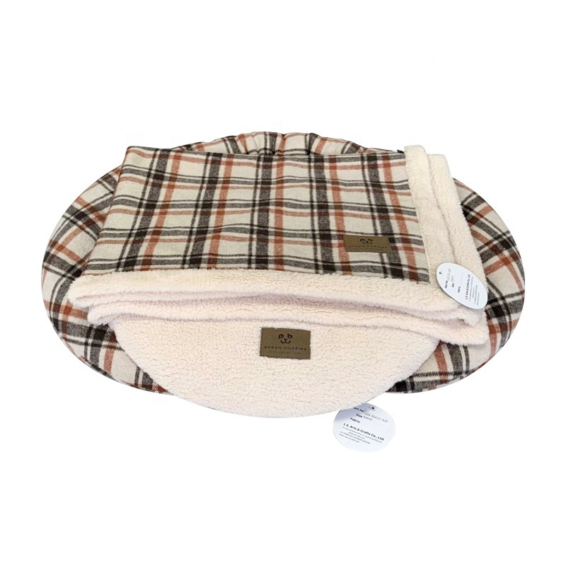 LS peppy buddies new shape luxury fur plaid dog pet bed with sofa blanket reversible pillow and anti slip bottom