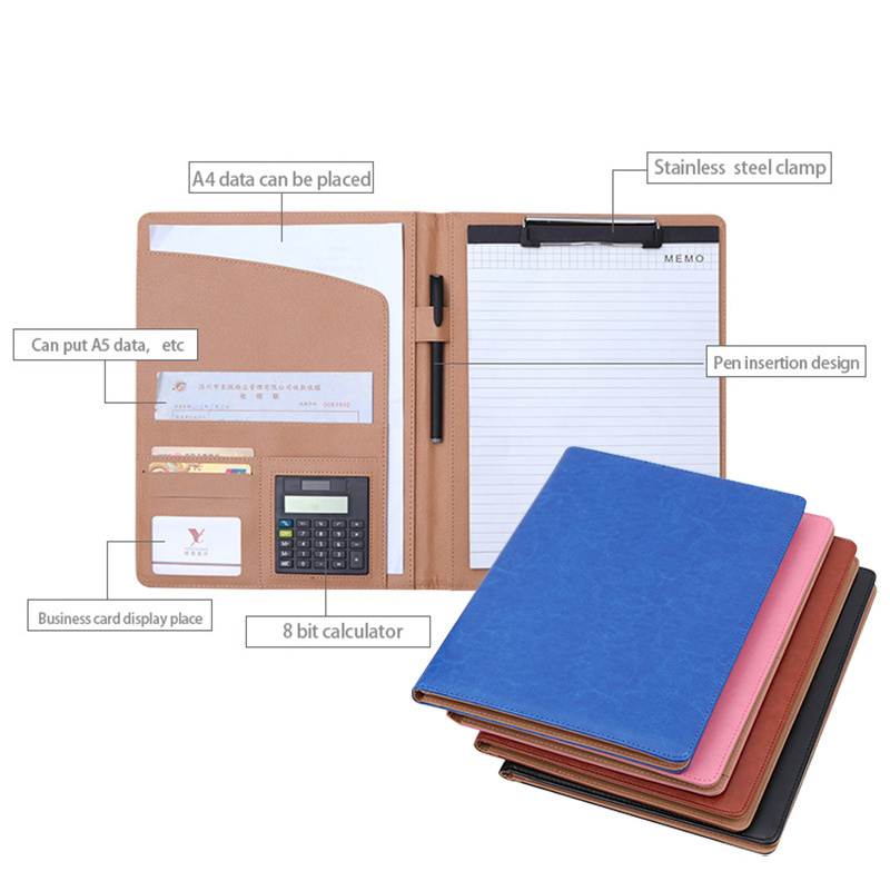 A4 PU Leather Portfolio file folder With Calculator costom Conference Document File Folder with Penholder and Card Holder