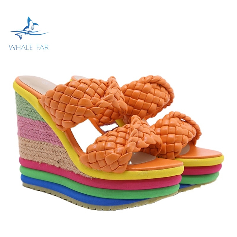 2023 JY Summer New Platform Wedge Sandals For Women's With Lovely Rainbow Color Weave Fish Mouth High Heels Shoes