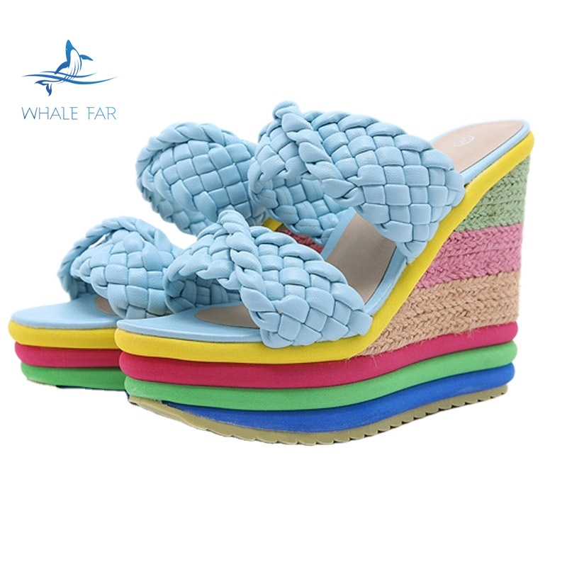 2023 JY Summer New Platform Wedge Sandals For Women's With Lovely Rainbow Color Weave Fish Mouth High Heels Shoes